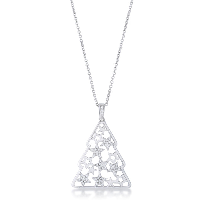 Covetable Icon Classic Line .2 ct CZ Rhodium Christmas Tree With Mixed Stars Pave Holiday Pendant - Friggin Jewelry Fashion Winter