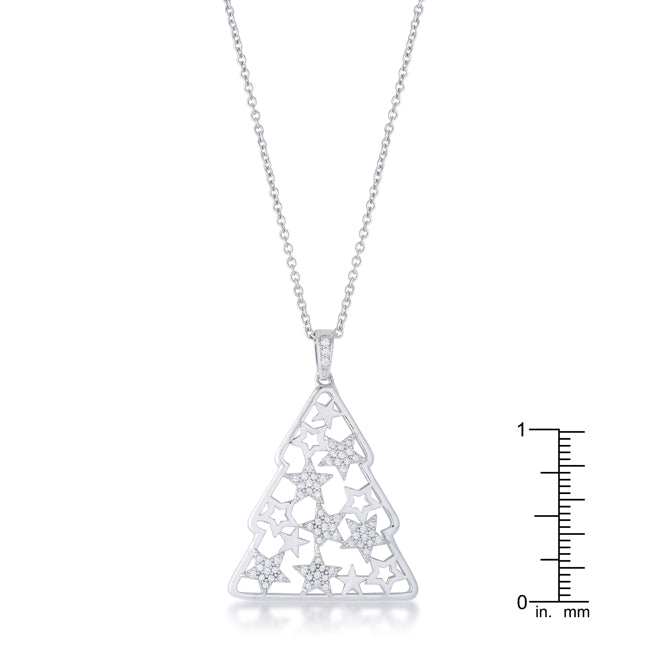 Covetable Icon Classic Line .2 ct CZ Rhodium Christmas Tree With Mixed Stars Pave Holiday Pendant - Friggin Jewelry Fashion Winter