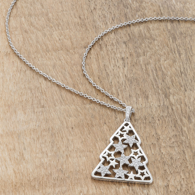 Covetable Icon Classic Line .2 ct CZ Rhodium Christmas Tree With Mixed Stars Pave Holiday Pendant - Friggin Jewelry Fashion Winter