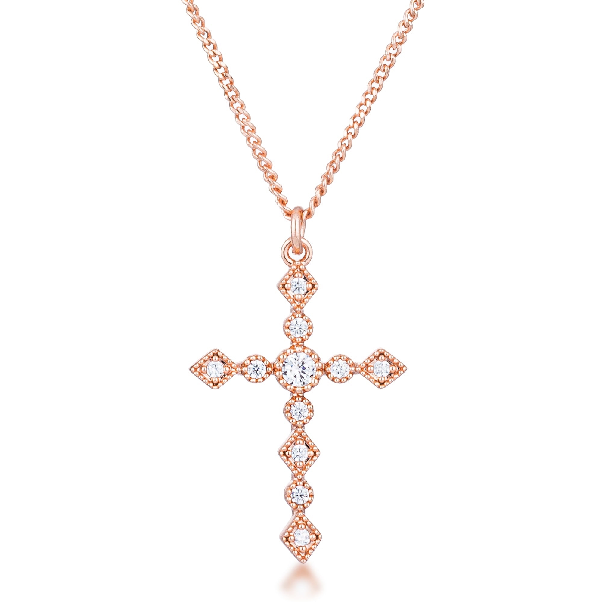 Couture Whisper Signature Line Dainty Art Deco Rose Gold Plated Clear CZ Cross Pendant - Friggin Jewelry Fashion