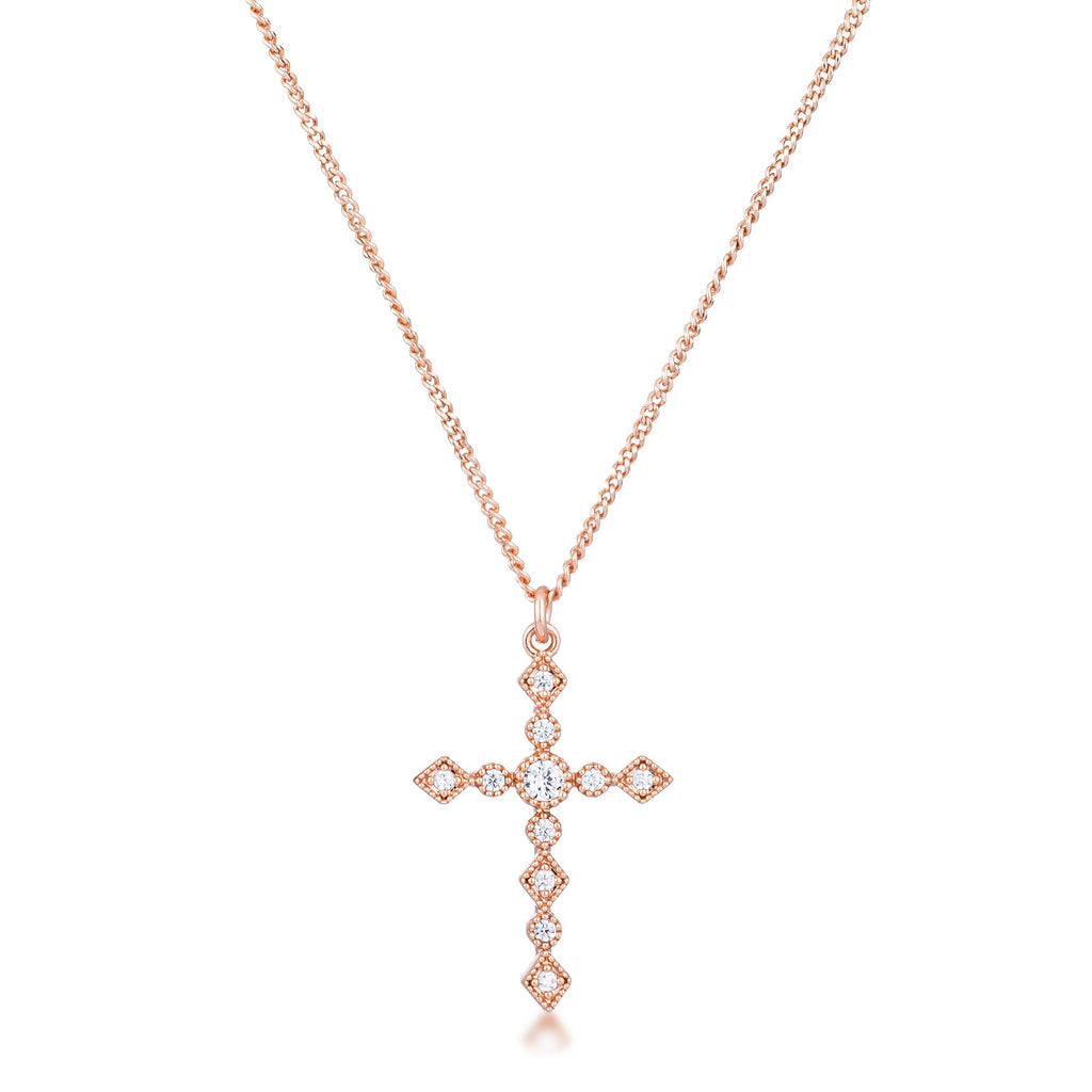 Couture Whisper Signature Line Dainty Art Deco Rose Gold Plated Clear CZ Cross Pendant - Friggin Jewelry Fashion