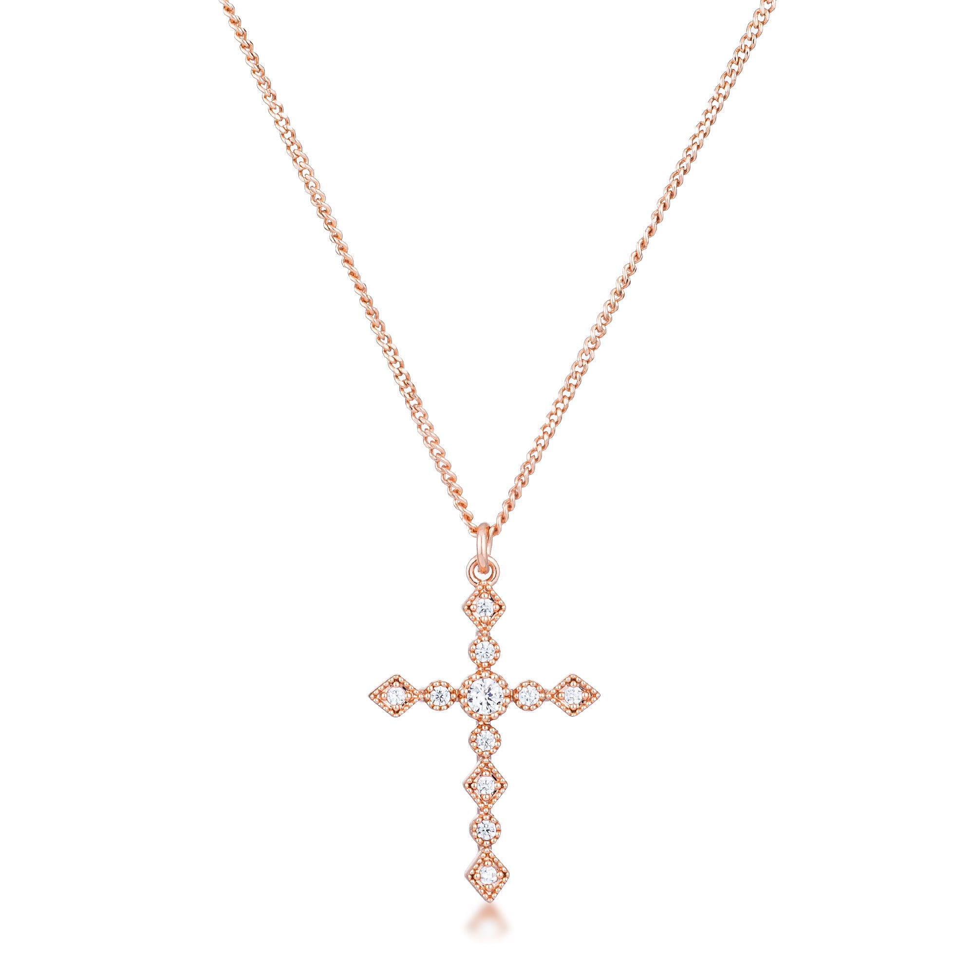 Couture Whisper Signature Line Dainty Art Deco Rose Gold Plated Clear CZ Cross Pendant - Friggin Jewelry Fashion