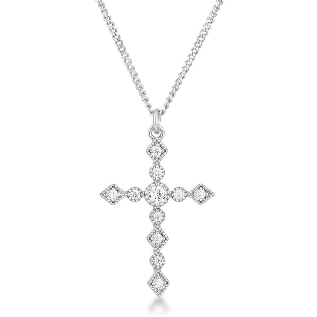 Classic Form Contemporary Edit Dainty Art Deco Rhodium Plated Clear CZ Cross Pendant - Friggin Jewelry Fashion