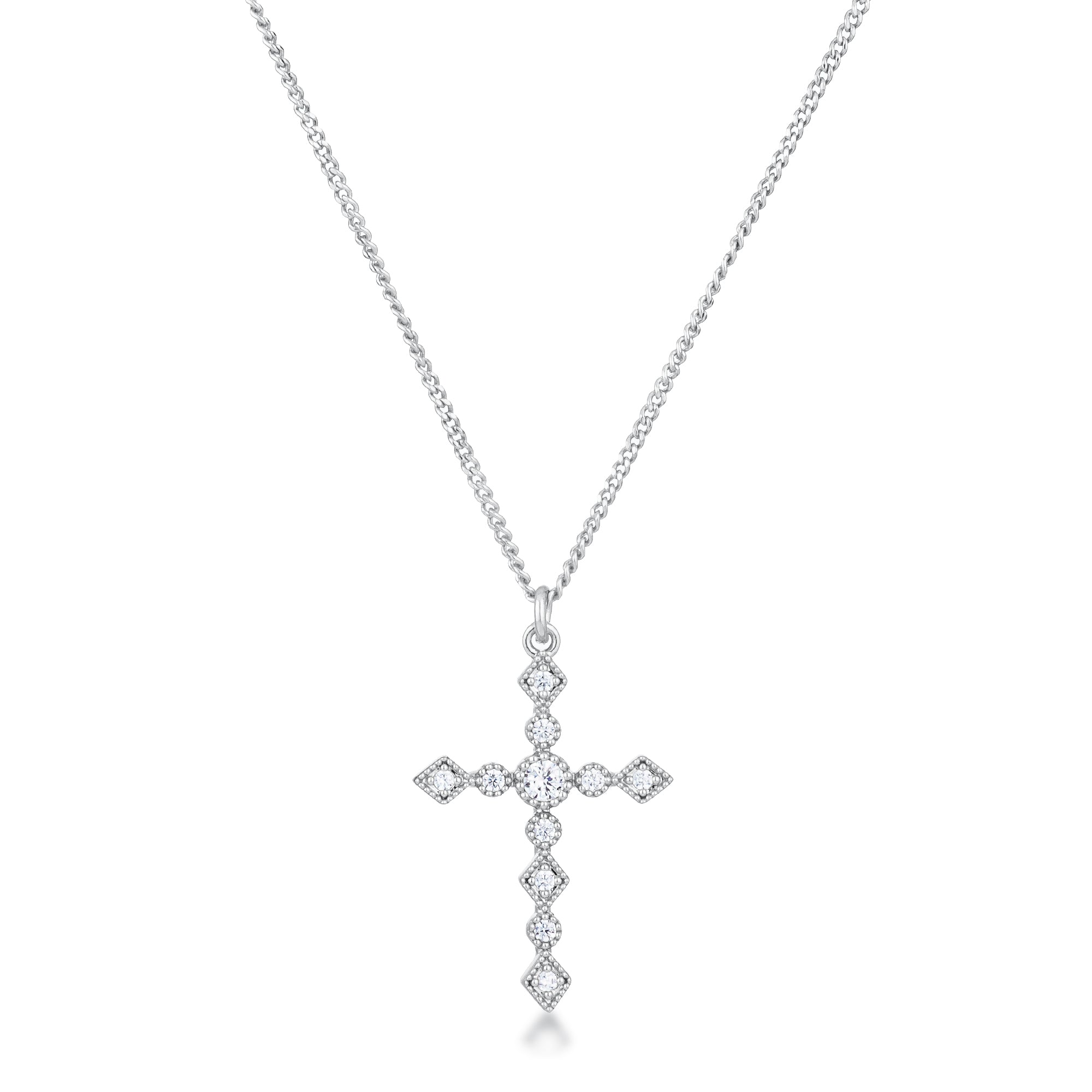 Classic Form Contemporary Edit Dainty Art Deco Rhodium Plated Clear CZ Cross Pendant - Friggin Jewelry Fashion