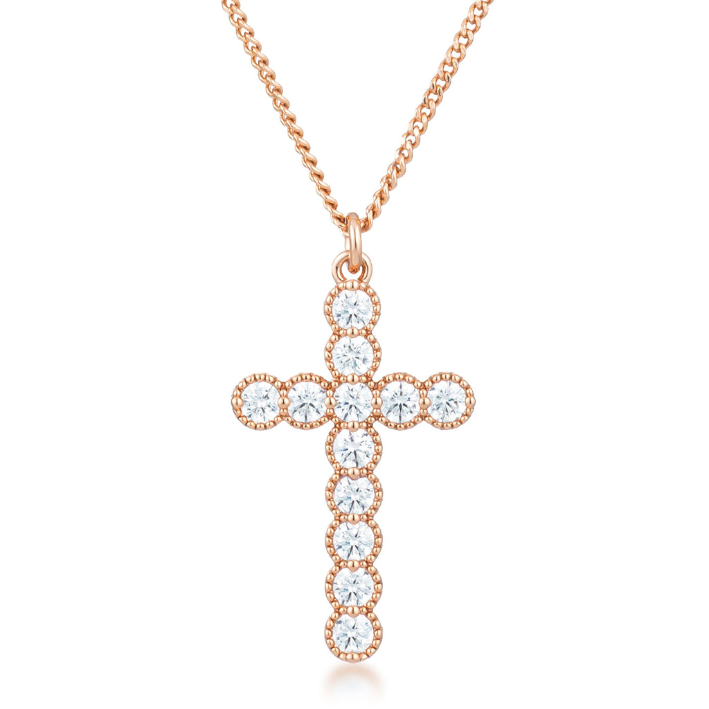 Couture Form Modern Series Micro Beaded Rose Gold Plated Clear CZ Cross Pendant - Friggin Jewelry Fashion