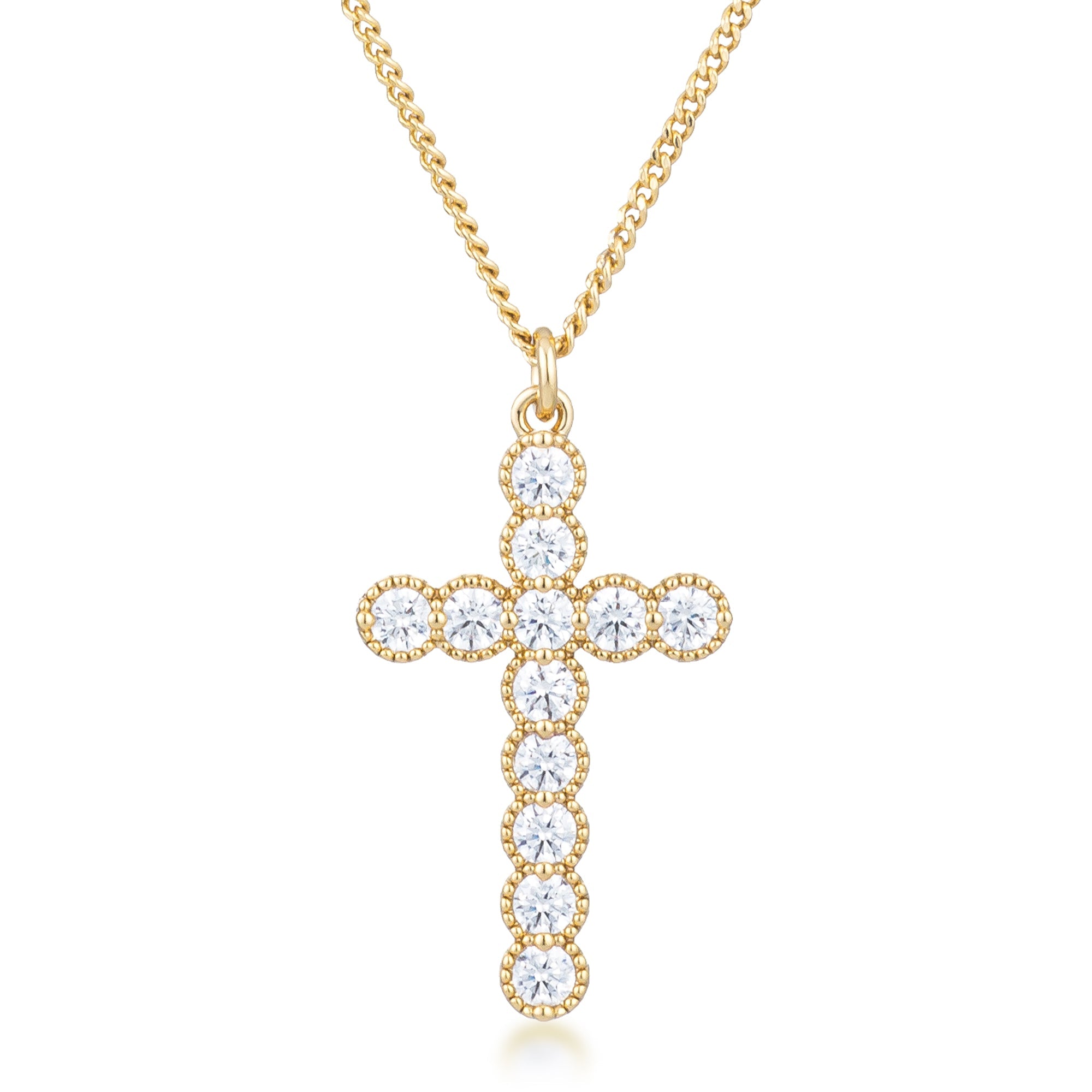 Refined Whisper Signature Edit Micro Beaded 18k Gold Plated Clear CZ Cross Pendant - Friggin Jewelry Fashion