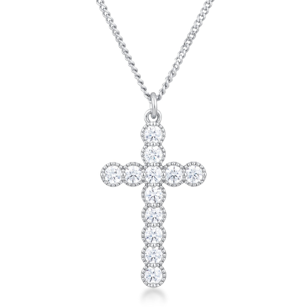 Sculpted Curve Modern Icon Micro Beaded Rhodium Plated Clear CZ Cross Pendant - Friggin Jewelry Fashion