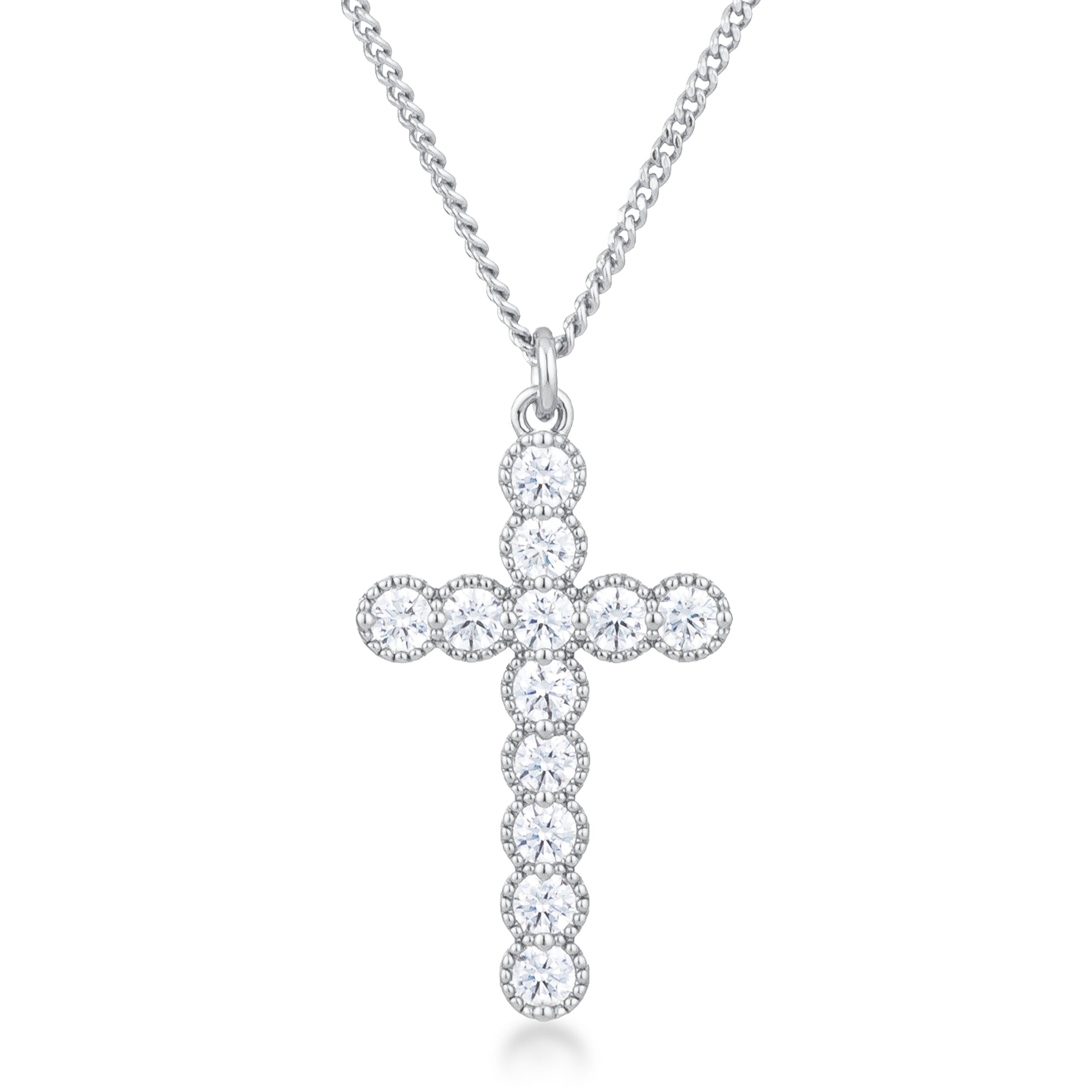 Sculpted Curve Modern Icon Micro Beaded Rhodium Plated Clear CZ Cross Pendant - Friggin Jewelry Fashion