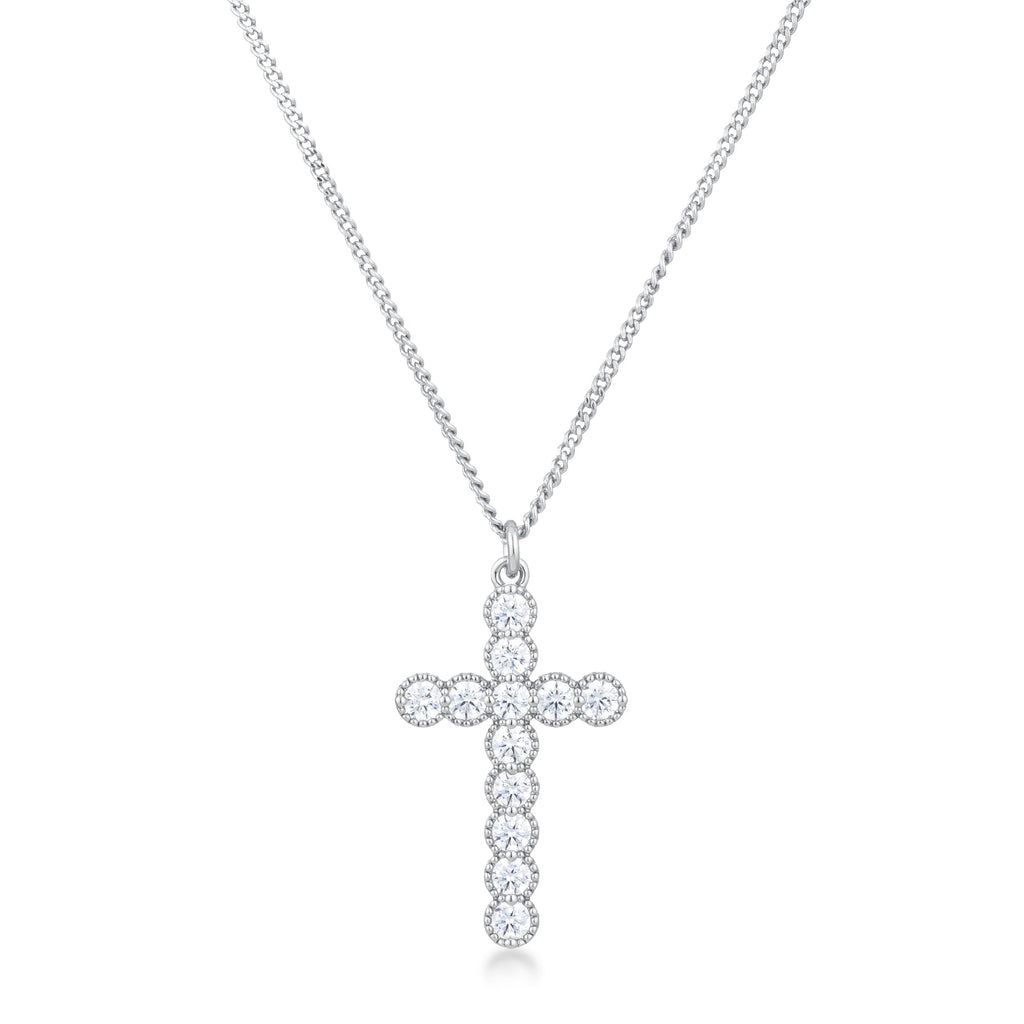 Sculpted Curve Modern Icon Micro Beaded Rhodium Plated Clear CZ Cross Pendant - Friggin Jewelry Fashion