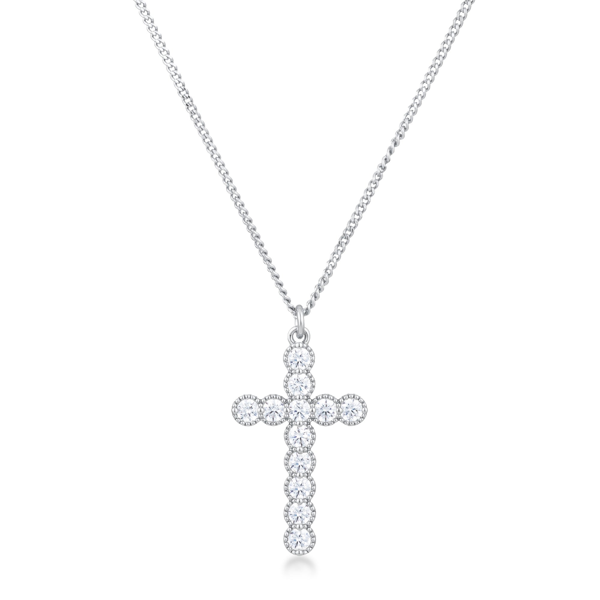 Sculpted Curve Modern Icon Micro Beaded Rhodium Plated Clear CZ Cross Pendant - Friggin Jewelry Fashion