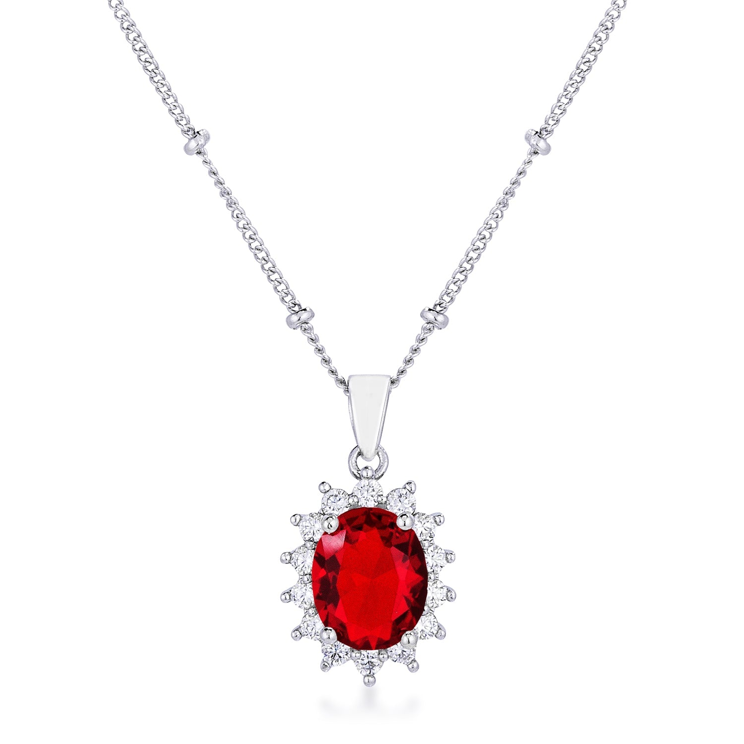 Smart Detail Bold Line Rhodium Plated Ruby Red Petite Royal Oval Pendant - Friggin Jewelry Fashion