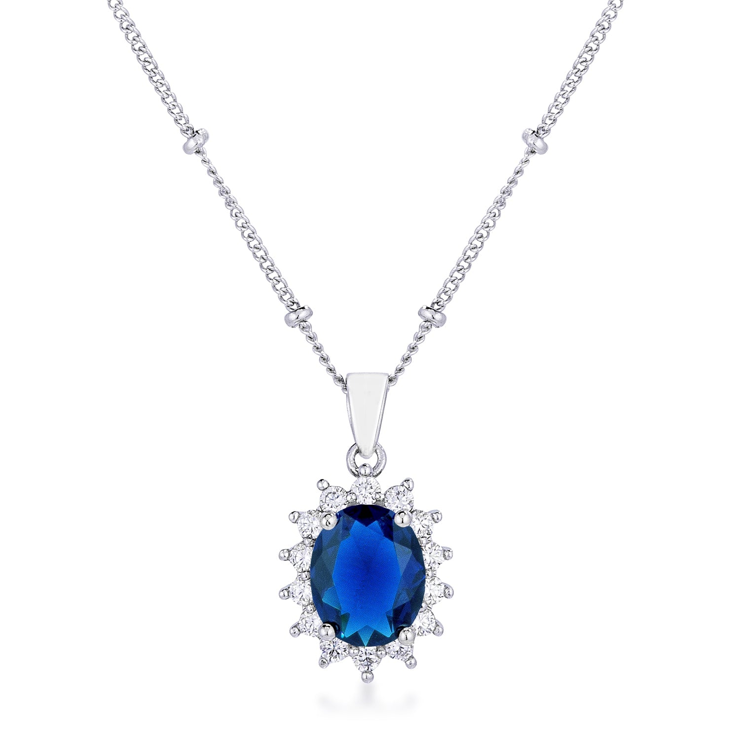 Playful Edge Contemporary Edit Rhodium Plated Sapphire Blue Petite Royal Oval Pendant - Friggin Jewelry Fashion