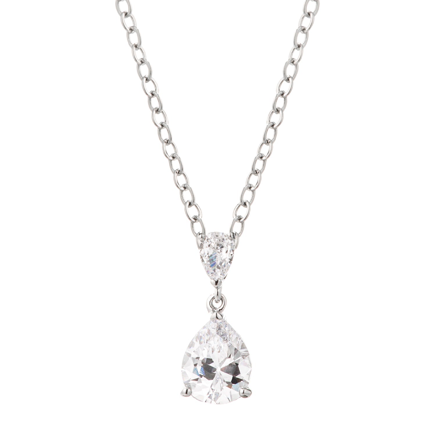 Playful Form Heritage Edit Rhodium Plated Double Pear CZ Drop Pendant Necklace - Friggin Jewelry Fashion