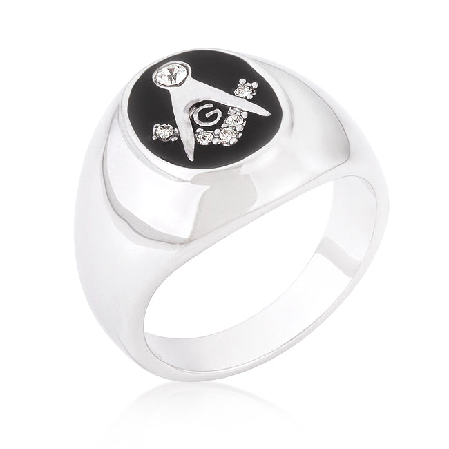 Striking Glow Modern Edit Rhodium Plated Onyx Cubic Zirconia Masonic Ring - Friggin Jewelry Fashion
