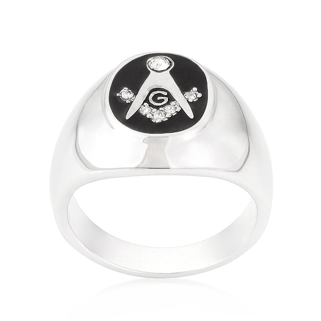 Striking Glow Modern Edit Rhodium Plated Onyx Cubic Zirconia Masonic Ring - Friggin Jewelry Fashion