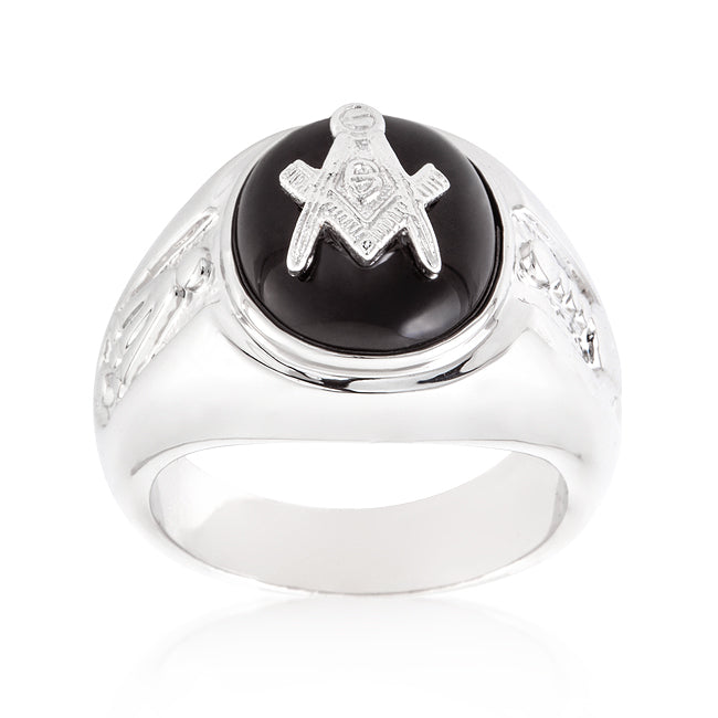 Masonic / Free Mason Rhodium Plated Onyx Mens Ring - Friggin Jewelry Fashion