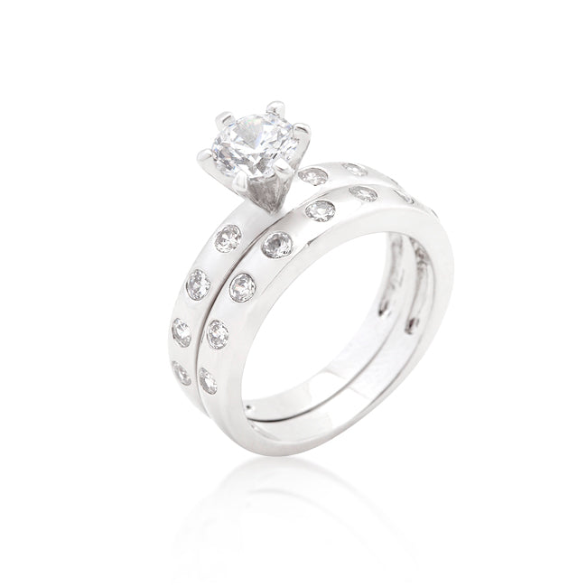 Classic Form Contemporary Edit Bezel Set Round Cut Bridal Ring Set - Friggin Jewelry Fashion