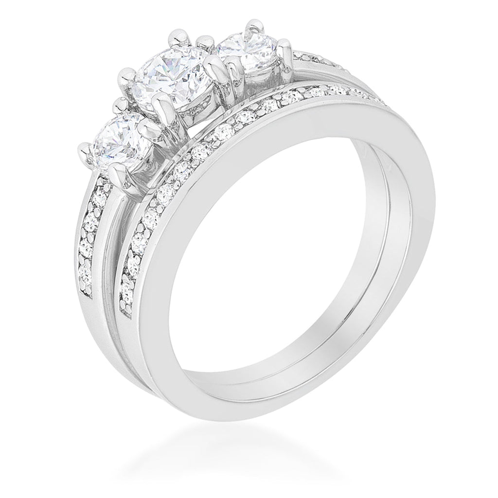 Refined Edge Signature Line Three Stone Wedding Ring Set - Friggin Jewelry Fashion