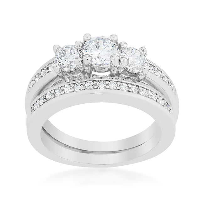 Refined Edge Signature Line Three Stone Wedding Ring Set - Friggin Jewelry Fashion