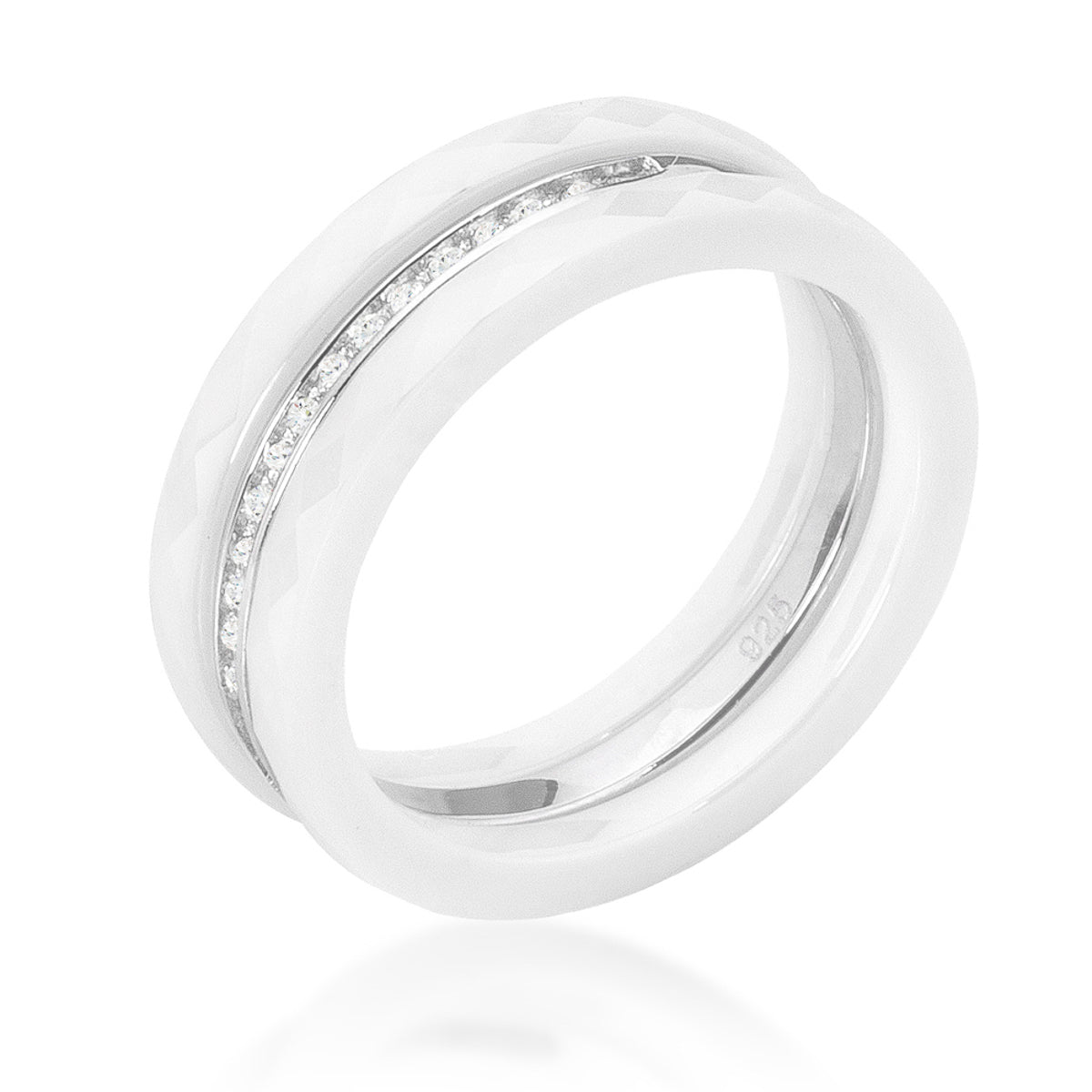Everyday Bold Whisper Line White Ceramic Triplet Ring With Cubic Zirconia - Friggin Jewelry Fashion