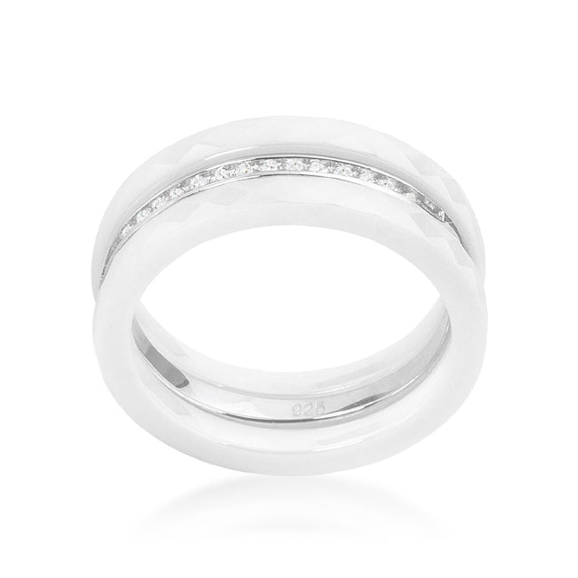 Everyday Bold Whisper Line White Ceramic Triplet Ring With Cubic Zirconia - Friggin Jewelry Fashion