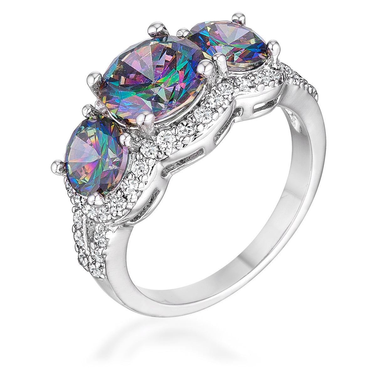 Proper Classic Everyday Edit 4 Ct Three Stone Rhodium Ring with Mystic and Clear CZ - Friggin Jewelry Fashion