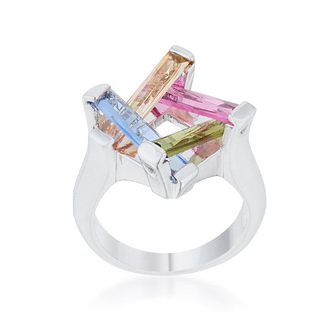 Sultry Edge Classic Muse Myra Ring 10ct Multicolor CZ Rhodium Cocktail Ring - Friggin Jewelry Fashion