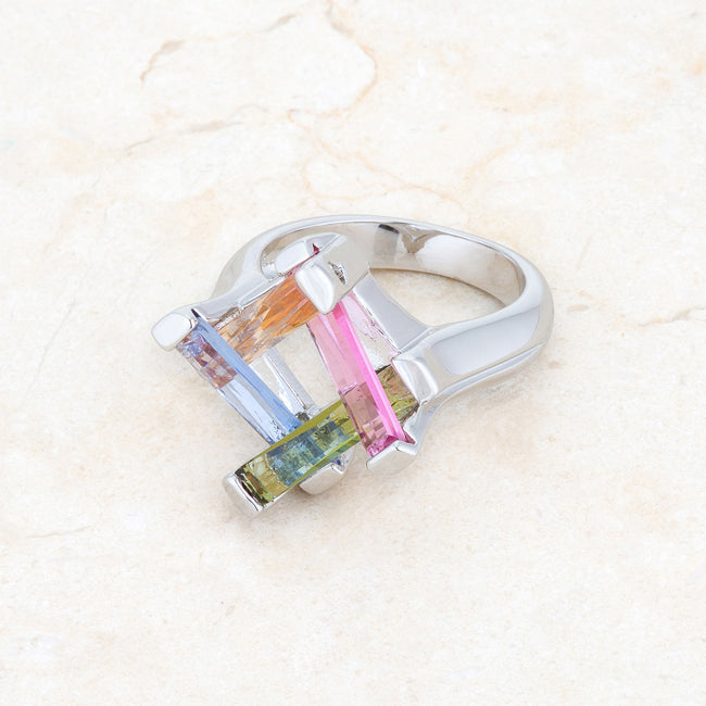 Sultry Edge Classic Muse Myra Ring 10ct Multicolor CZ Rhodium Cocktail Ring - Friggin Jewelry Fashion