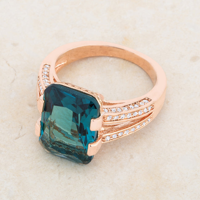 Playful Edge Contemporary Edit Rema 8.6ct Aqua CZ Rose Gold Emerald Classic Cocktail Ring - Friggin Jewelry Fashion