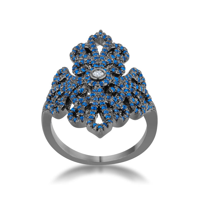 Twilight Drama Icon Series Victoria 1.23ct Sapphire CZ Hematite Filigree Cocktail Ring - Friggin Jewelry Fashion