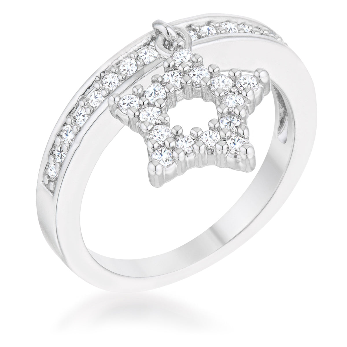 Sculpted Curve Modern Icon Star 0.25ct CZ Rhodium Simple Holiday Charm Band Ring - Friggin Jewelry Fashion
