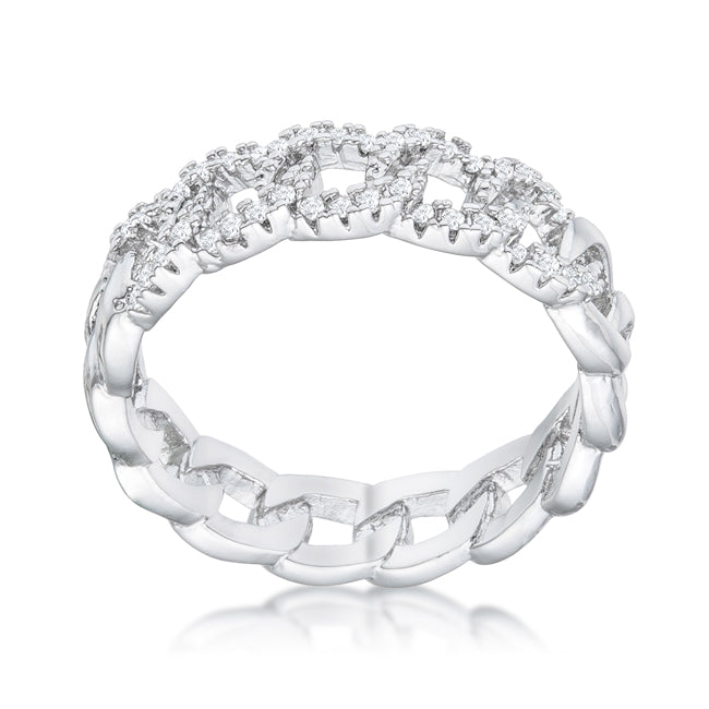 Polished Play Signature Line Interlocking Rhodium Chain Design Ring with CZ - Friggin Jewelry Fashion