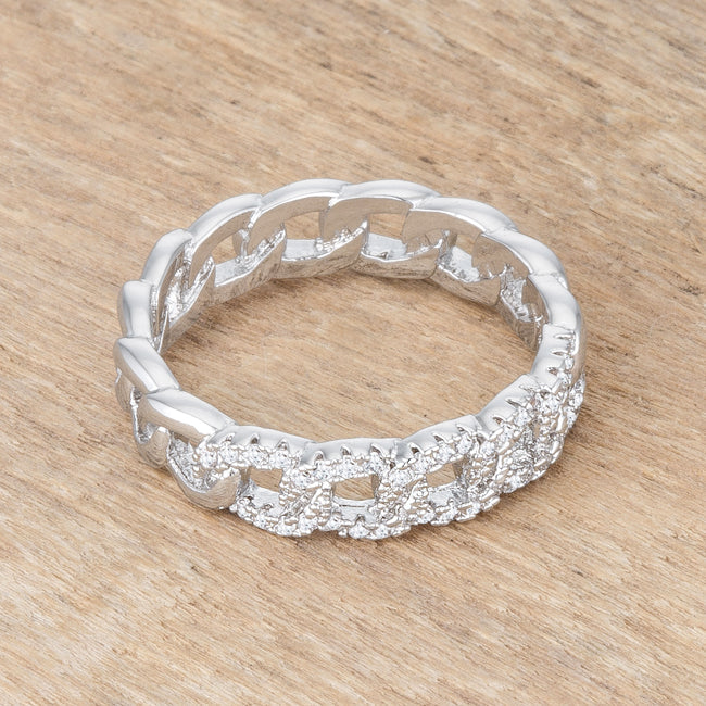 Polished Play Signature Line Interlocking Rhodium Chain Design Ring with CZ - Friggin Jewelry Fashion
