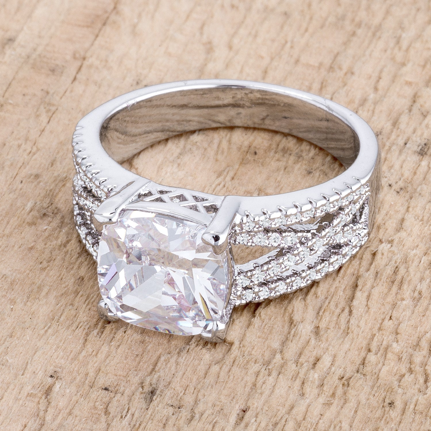 Confident Whisper Signature Edit 3Ct Elegant Rhodium Plated Criss-Cross Clear CZ Engagement Ring - Friggin Jewelry Fashion