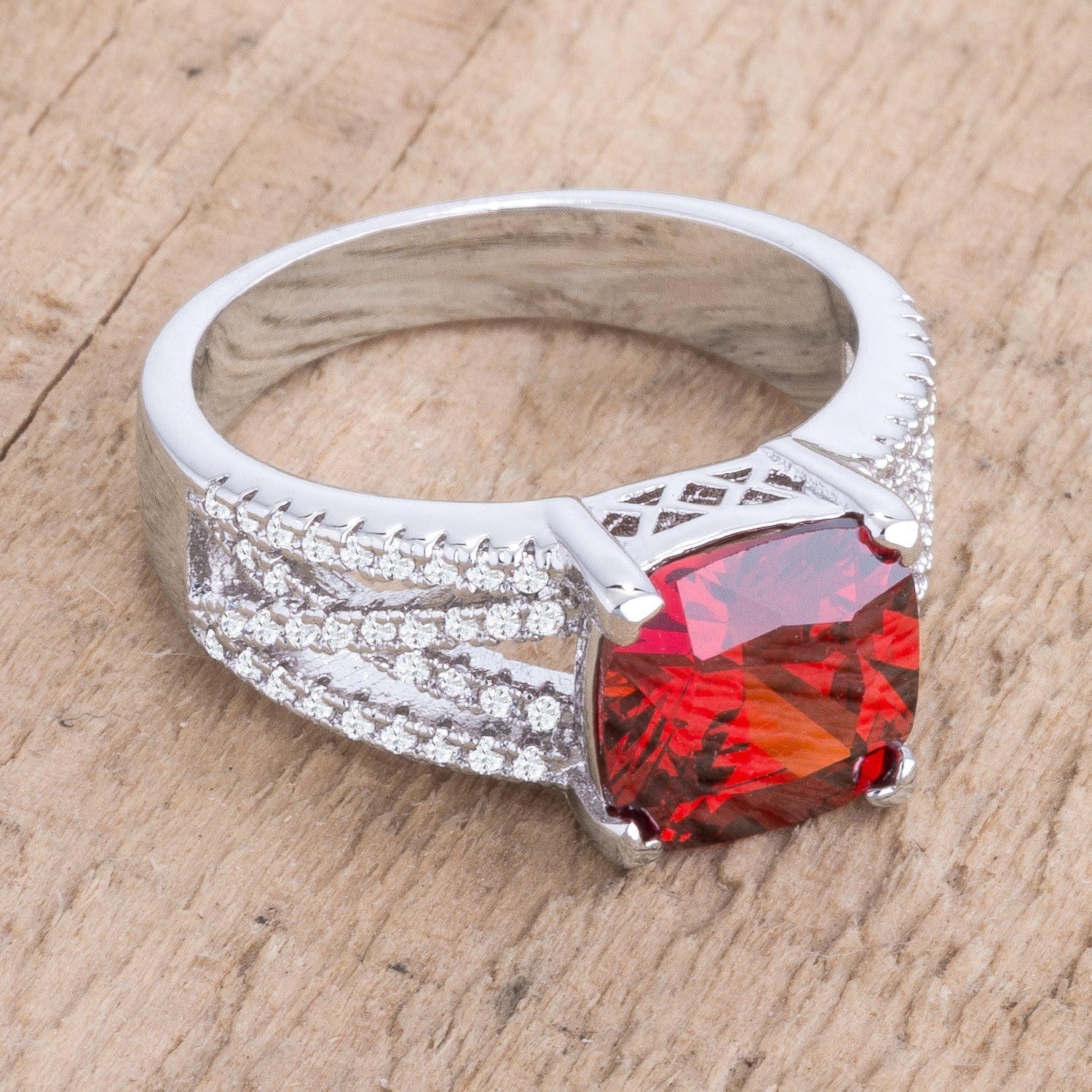 Everyday Bold Whisper Line 3Ct Elegant Rhodium Plated Criss-Cross Garnet CZ Engagement Ring - Friggin Jewelry Fashion