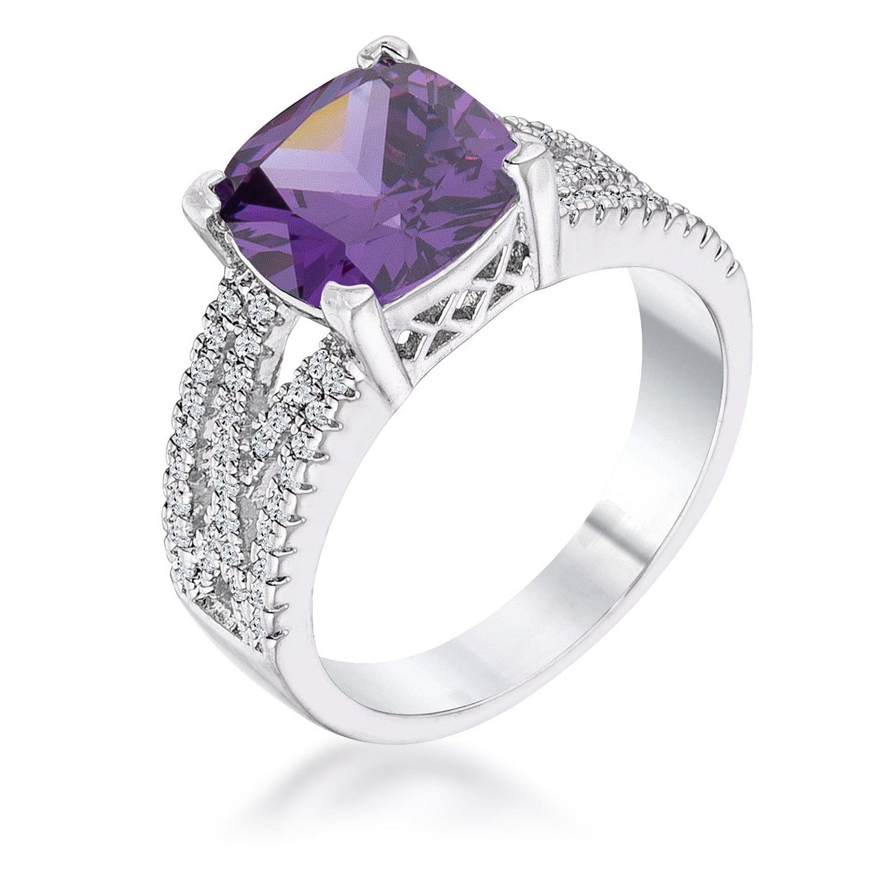 Everyday Edge Bold Icon 3Ct Elegant Silvertone Criss-Cross Amethyst Purple CZ Engagement Ring - Friggin Jewelry Fashion