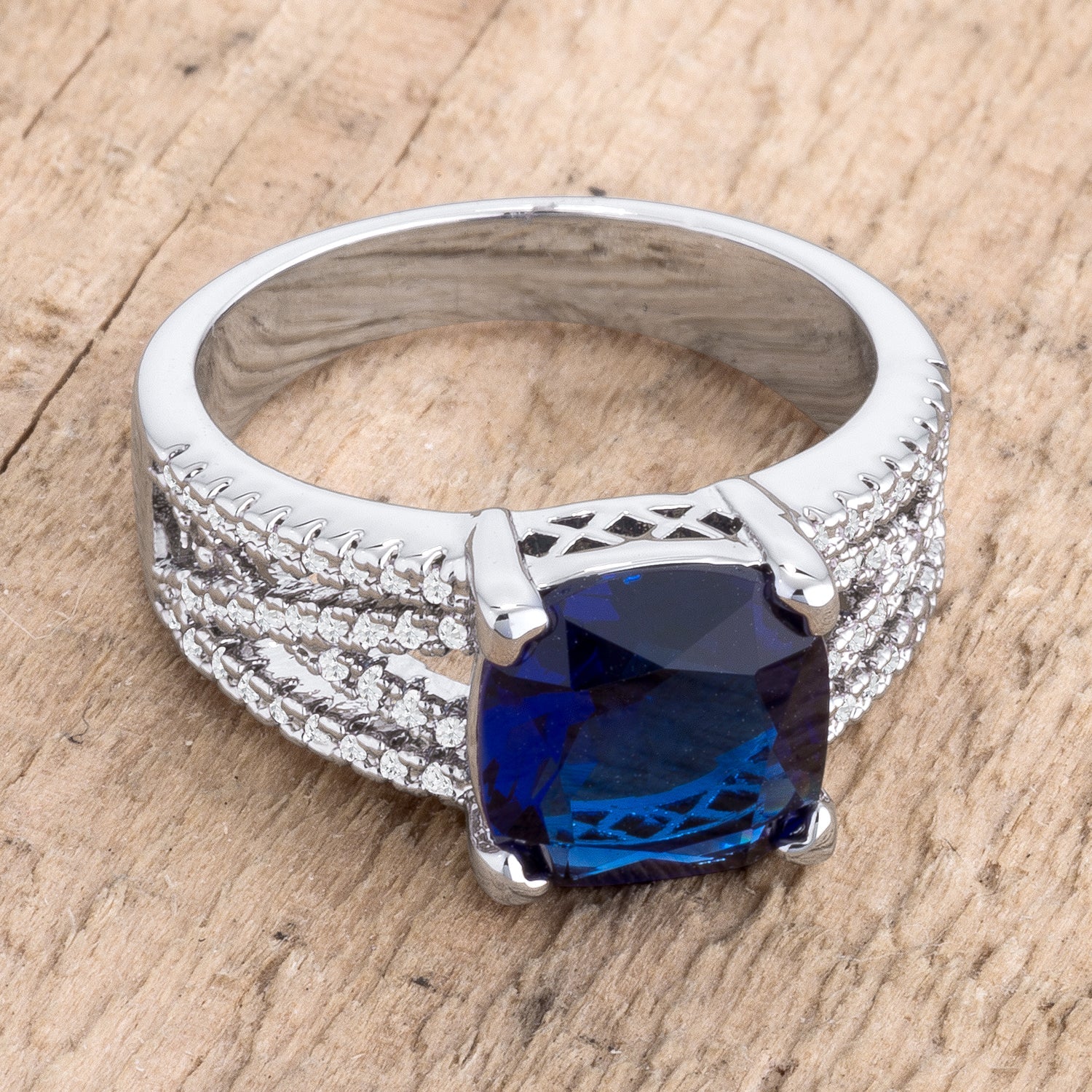 Proper Spark Everyday Icon 3ct Elegant Silvertone Criss-Cross Sapphire Blue CZ Engagement Ring - Friggin Jewelry Fashion