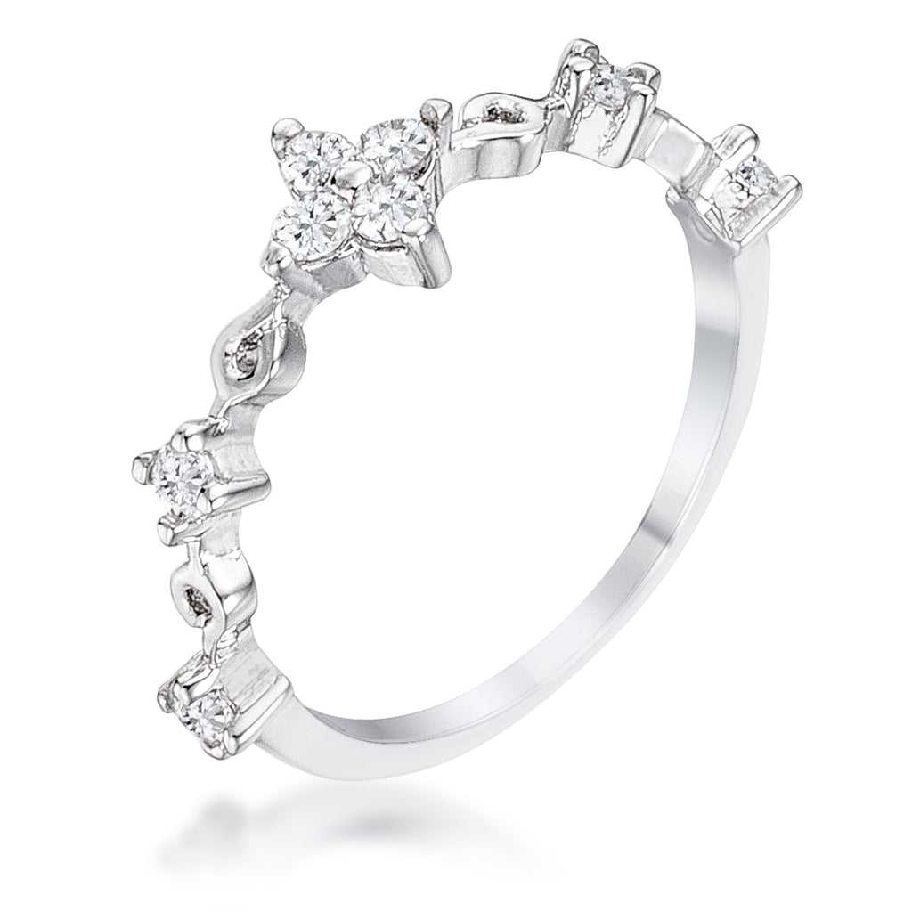 Proper Classic Everyday Edit .24Ct Rhodium Plated Clear CZ Mini Floral Half Eternity Stackable Band - Friggin Jewelry Fashion