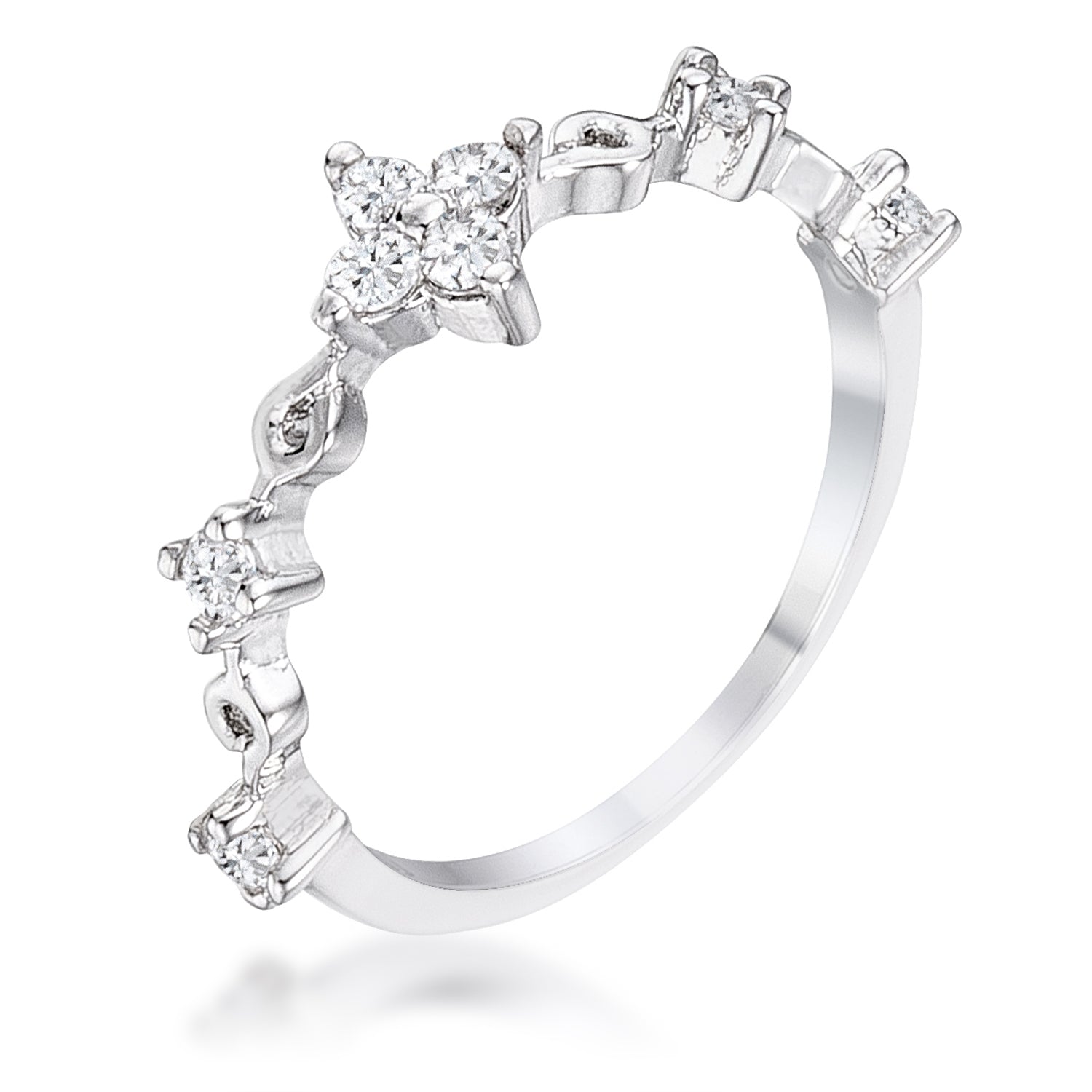 Proper Classic Everyday Edit .24Ct Rhodium Plated Clear CZ Mini Floral Half Eternity Stackable Band - Friggin Jewelry Fashion