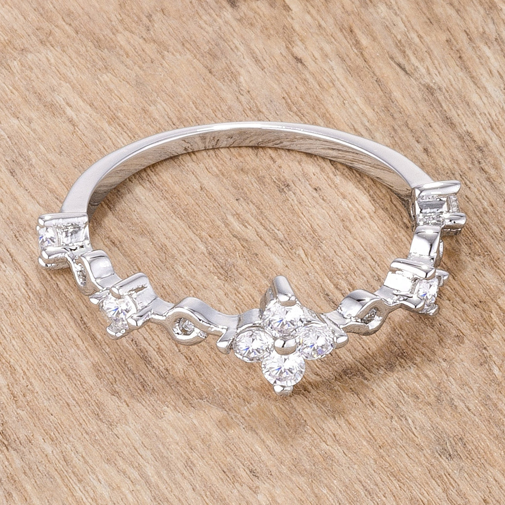 Proper Classic Everyday Edit .24Ct Rhodium Plated Clear CZ Mini Floral Half Eternity Stackable Band - Friggin Jewelry Fashion