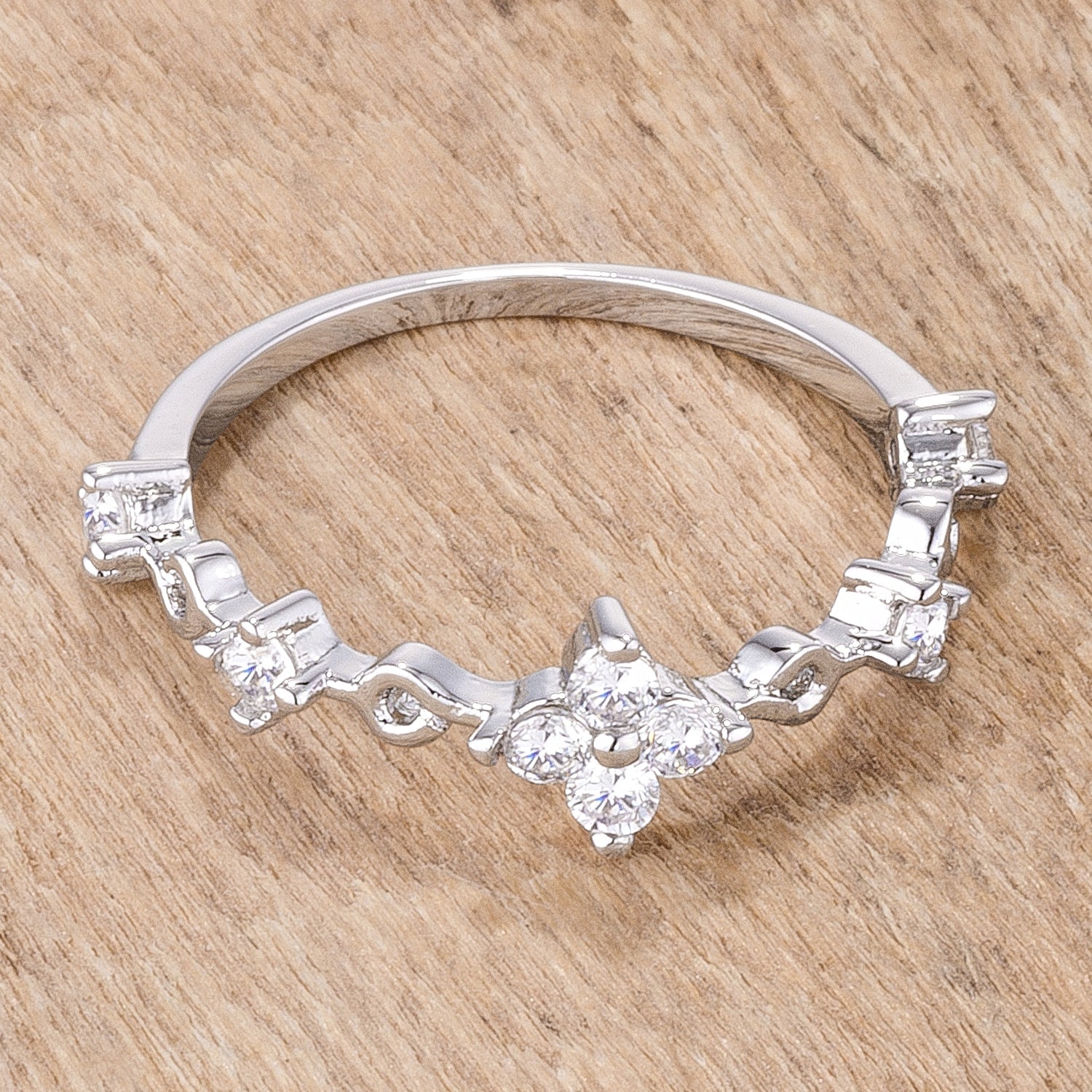 Proper Classic Everyday Edit .24Ct Rhodium Plated Clear CZ Mini Floral Half Eternity Stackable Band - Friggin Jewelry Fashion
