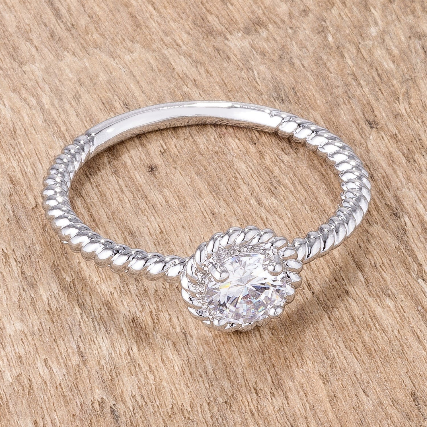 Clever Spark Modern Line .45Ct Rhodium Plated Mini Twisted Rope CZ Solitaire Ring - Friggin Jewelry Fashion