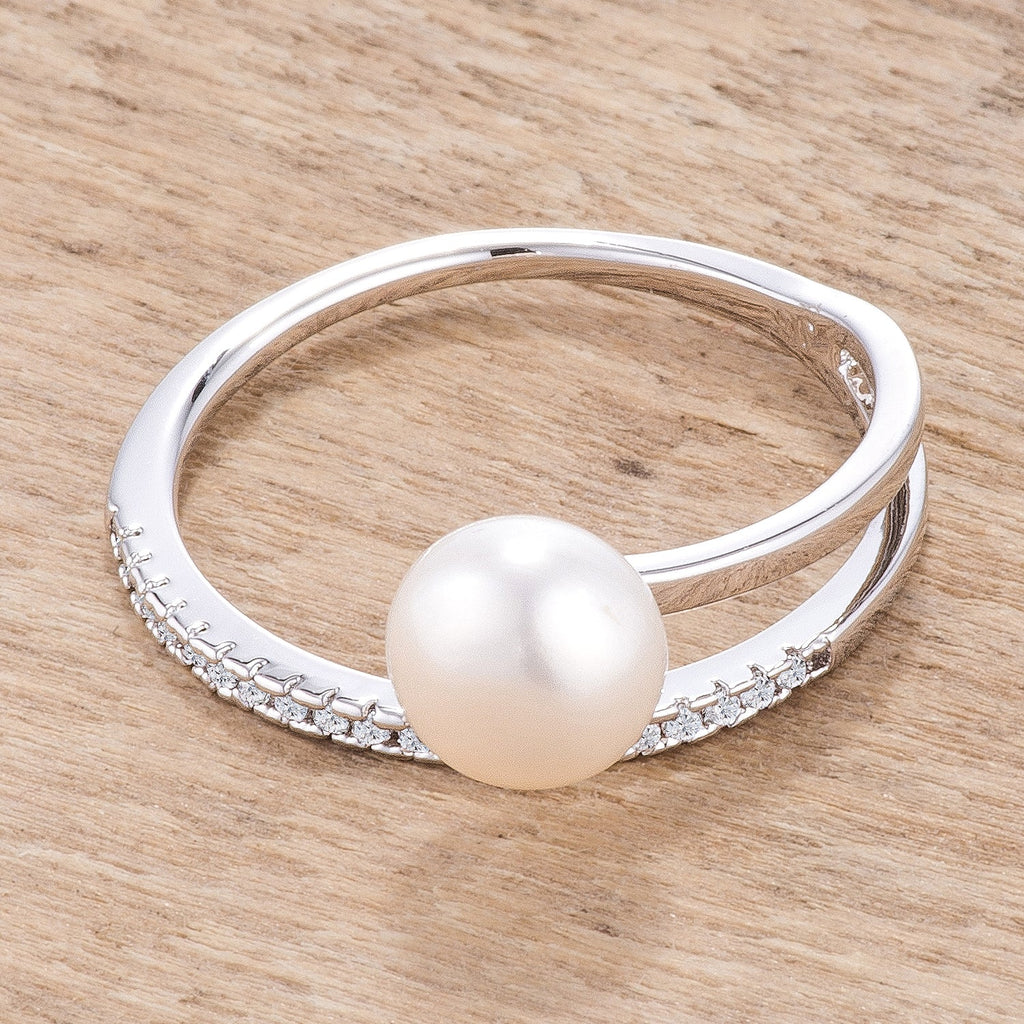 Couture Spark Refined Edit .15Ct Rhodium Plated Freshwater Pearl Ring With CZ Micro Pave Band - Friggin Jewelry Fashion