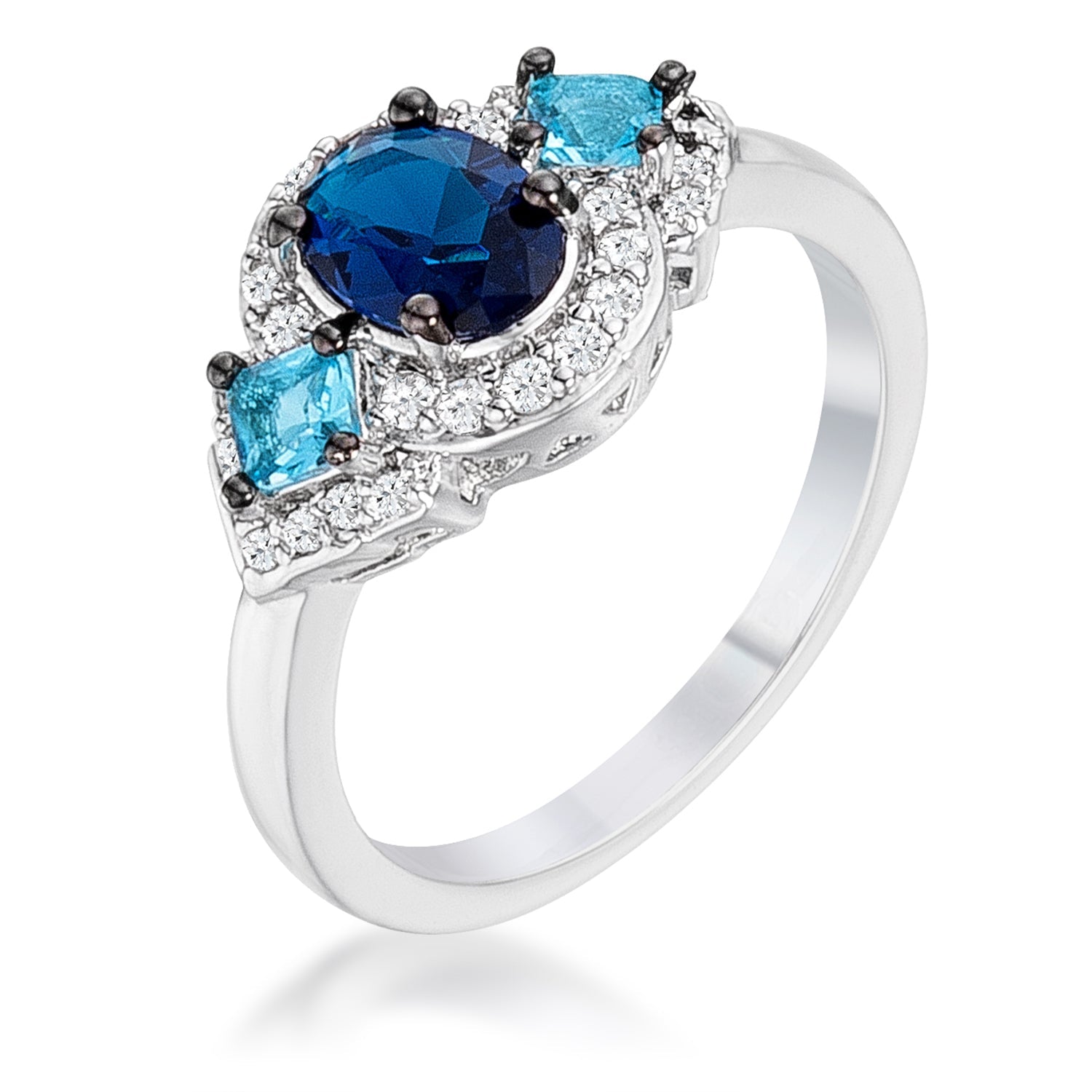 Classic Line Sculpted Edit 1.3Ct Rhodium and Hematite Plated Shades of Blue CZ Three Stone Engagement Ring - Friggin Jewelry Fashion