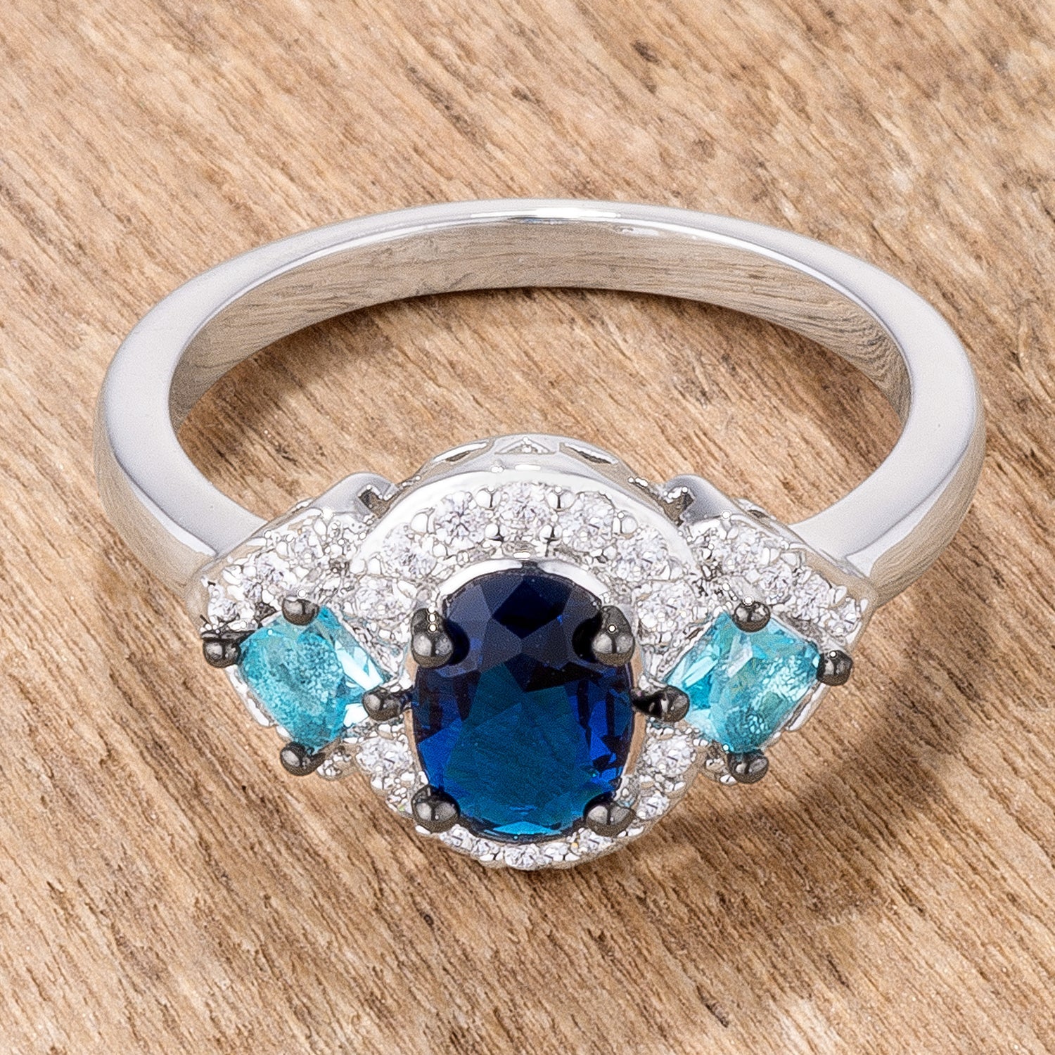 Classic Line Sculpted Edit 1.3Ct Rhodium and Hematite Plated Shades of Blue CZ Three Stone Engagement Ring - Friggin Jewelry Fashion