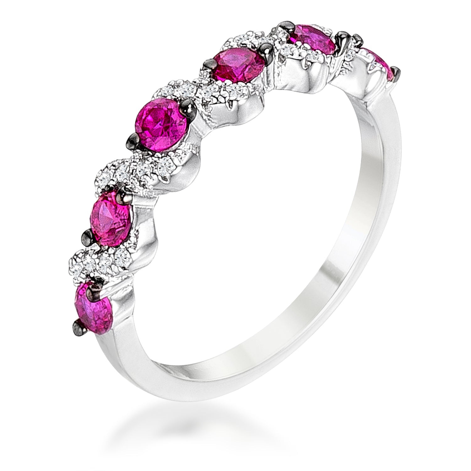 Seductive Detail Icon Series .18Ct Rhodium and Hematite Plated S Shape Fuchsia and Clear CZ Half Eternity Band - Friggin Jewelry Fashion