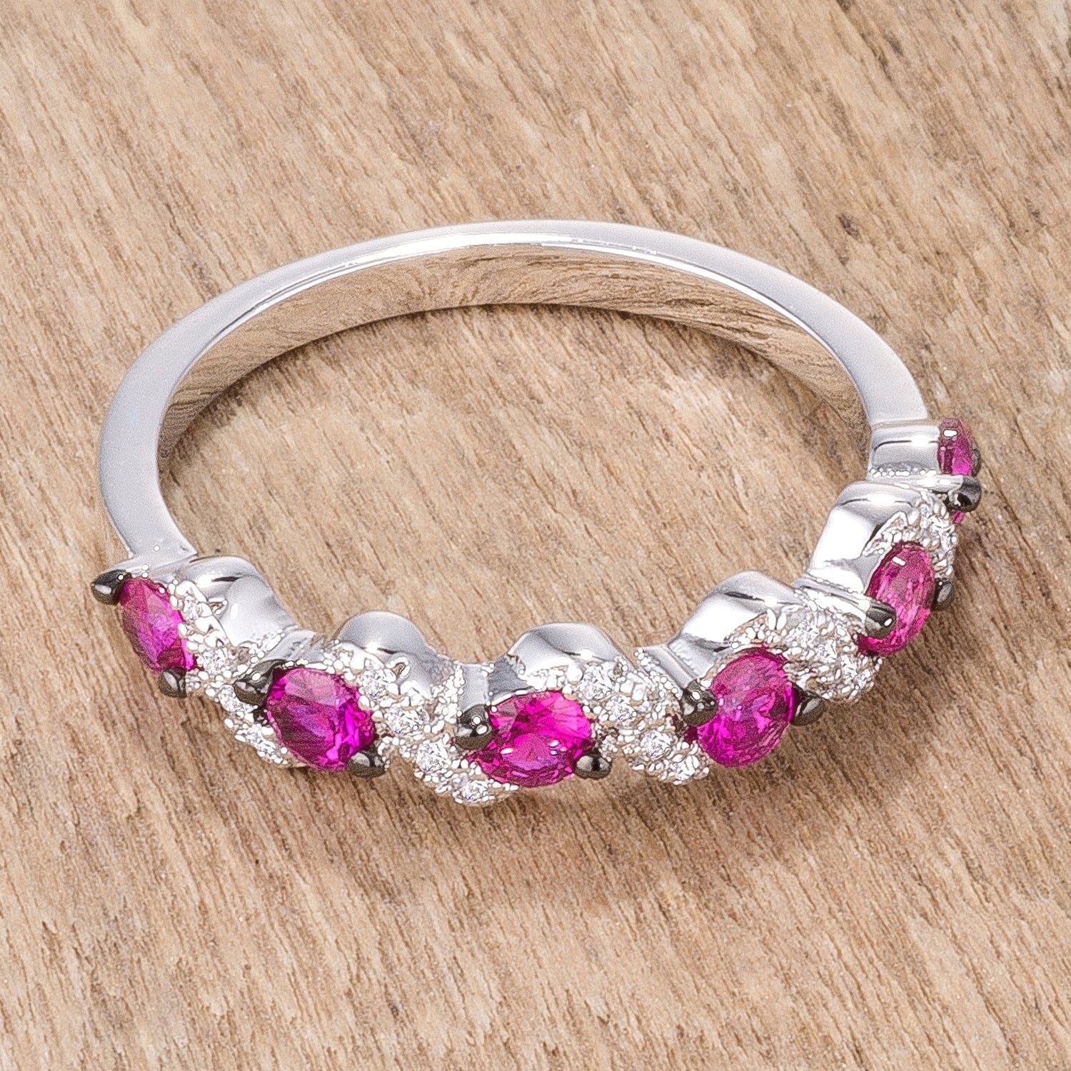 Seductive Detail Icon Series .18Ct Rhodium and Hematite Plated S Shape Fuchsia and Clear CZ Half Eternity Band - Friggin Jewelry Fashion