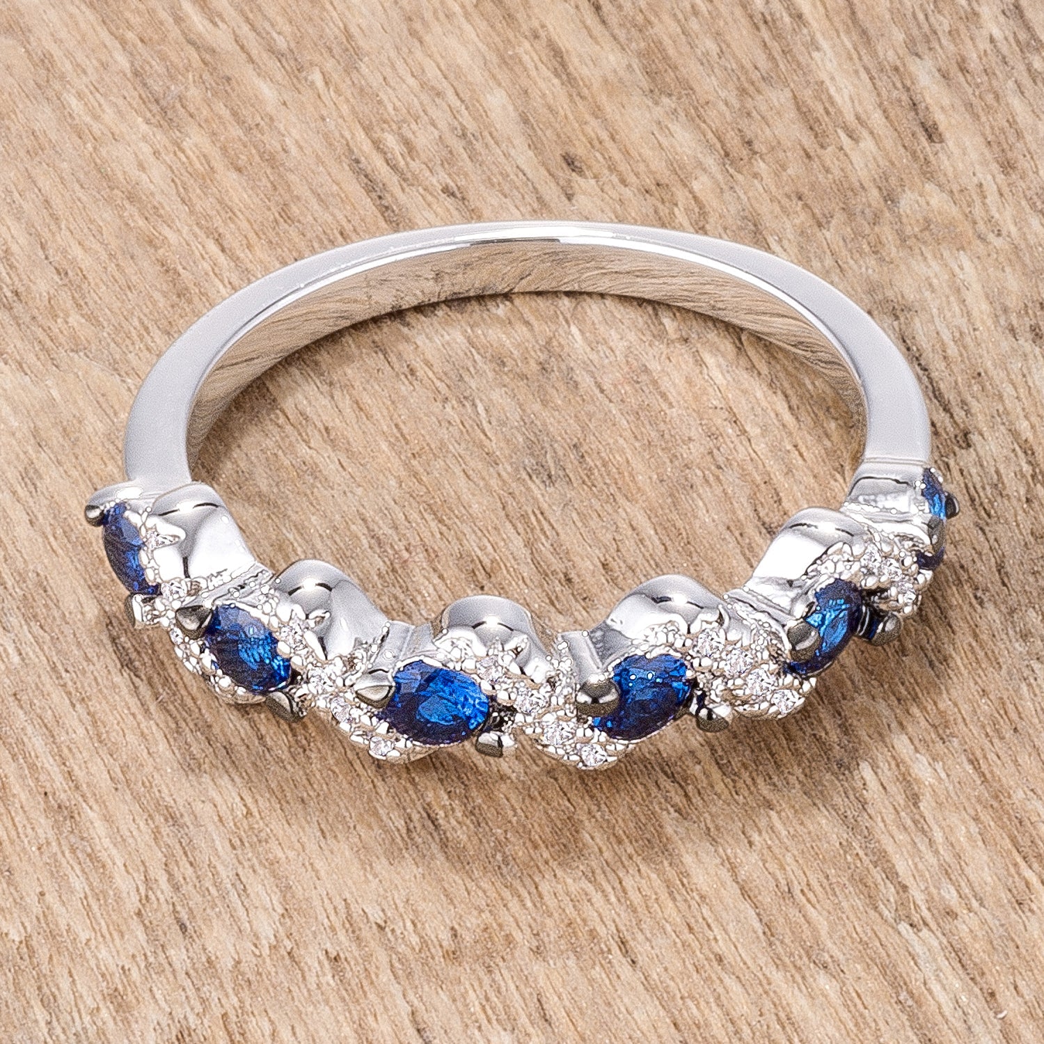 Exclusive Spark Timeless Edit .18Ct Rhodium and Hematite Plated S Shape Sapphire Blue and Clear CZ Half Eternity Band - Friggin Jewelry Fashion