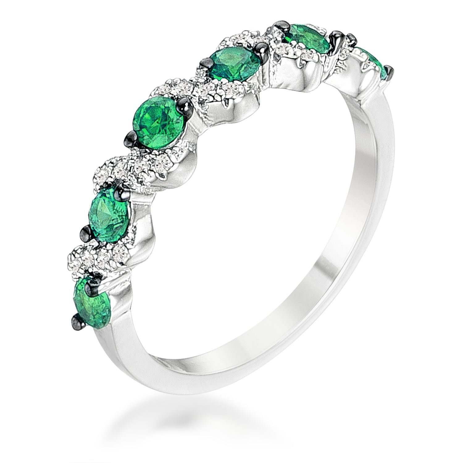Desired Whisper Couture Line .18Ct Rhodium and Hematite Plated S Shape Emerald Green and Clear CZ Half Eternity Band - Friggin Jewelry Fashion