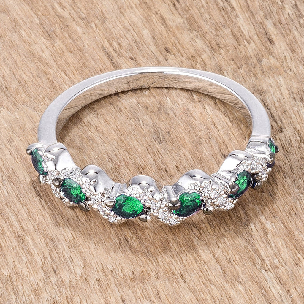 Desired Whisper Couture Line .18Ct Rhodium and Hematite Plated S Shape Emerald Green and Clear CZ Half Eternity Band - Friggin Jewelry Fashion